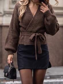 Women's Fashion Brown Tie-Front Cardigan Sweater, Overlap Collar Long Sleeve, Autumn/Winter Wardrobe Essential - Brown - View 4