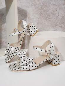 French Polka Dot Satin Bow Chunky Heel Sandals Women's Summer New Square Toe Open Toe Single Strap Fairy Style High Heel Sandals Suitable For Wedding Evening Party Daily Commute Outfits - White - View 7