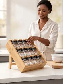 A Rotating Bamboo Spice Rack Set Featuring Multiple Glass Jars With Airtight Metal Lids; A Countertop Organizer Suitable For Storing A Variety Of Seasonings And Spices In The Home Kitchen. - Multicolor - View 1