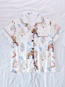 2-Piece Women's Christmas Pajama Set, Christmas Cartoon Gingerbread Man And Bear Print Pattern, 2-Piece Women's Short Sleeve Pajama Set, Lapel Short Sleeve Cardigan And Long Pants Set, Suitable For All Seasons, Home Wear, Comfortable And Loose - Multicolor - View 3