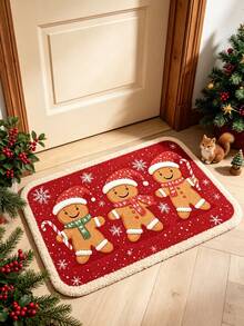 1pc Christmas Red Background Snowflake Gingerbread Man Plush Rug, Christmas Gift Decoration Rug, Bedroom Decor, Small Rug, Rug, Home Decor, Living Room Rug, Living Room Small Rug, Bedroom Rug, Living Room Home Decor, Outdoor Rug, Washable Rug - Multicolor - View 4