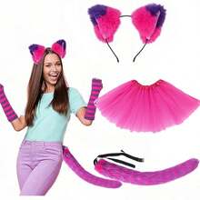 Cosplay Plush Cat Ear And Tail Set, Purple And Pink Gradient Striped Fuzzy Cat Ear Headband, Stage Performance Carnival Party Costume Outfit - Ball Costume - View 7