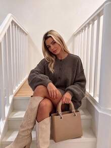 Solid Brown Round Neck Button Front Lantern Long Sleeve Mid Length Knit Cardigan Women Vintage Elegant Lazy Style Sweater Coat For Autumn Winter - Light Brown - View 2