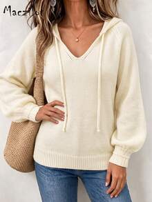 Sweater Rajut Berkerudung Tali Serut Ukuran Besar untuk Wanita, Pullover Lengan Lentera Leher V, Atasan Hangat Pas Badan untuk Perjalanan Musim Gugur/Musim Dingin - Aprikot - View 3