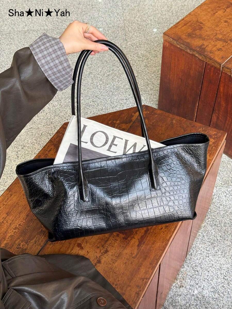 2026 New Korean Style Black Crocodile Embossed PU Leather Tote Bag, Large Capacity Soft Shoulder Handbag For Women Commuting To Work