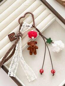 1pc Vintage Maillard Bear Pendant Lace Bow Heart Keychain Christmas Color Bag Charm - Multicolor - View 4