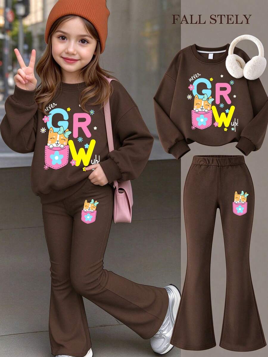 Fashionable Versatile Cartoon Print Crew Neck Sweatshirt Paired With Slim Fit Solid Color All-Over Print Long Pants, Girls Autumn/Winter Daily 2-Piece Set - Brown - View 1