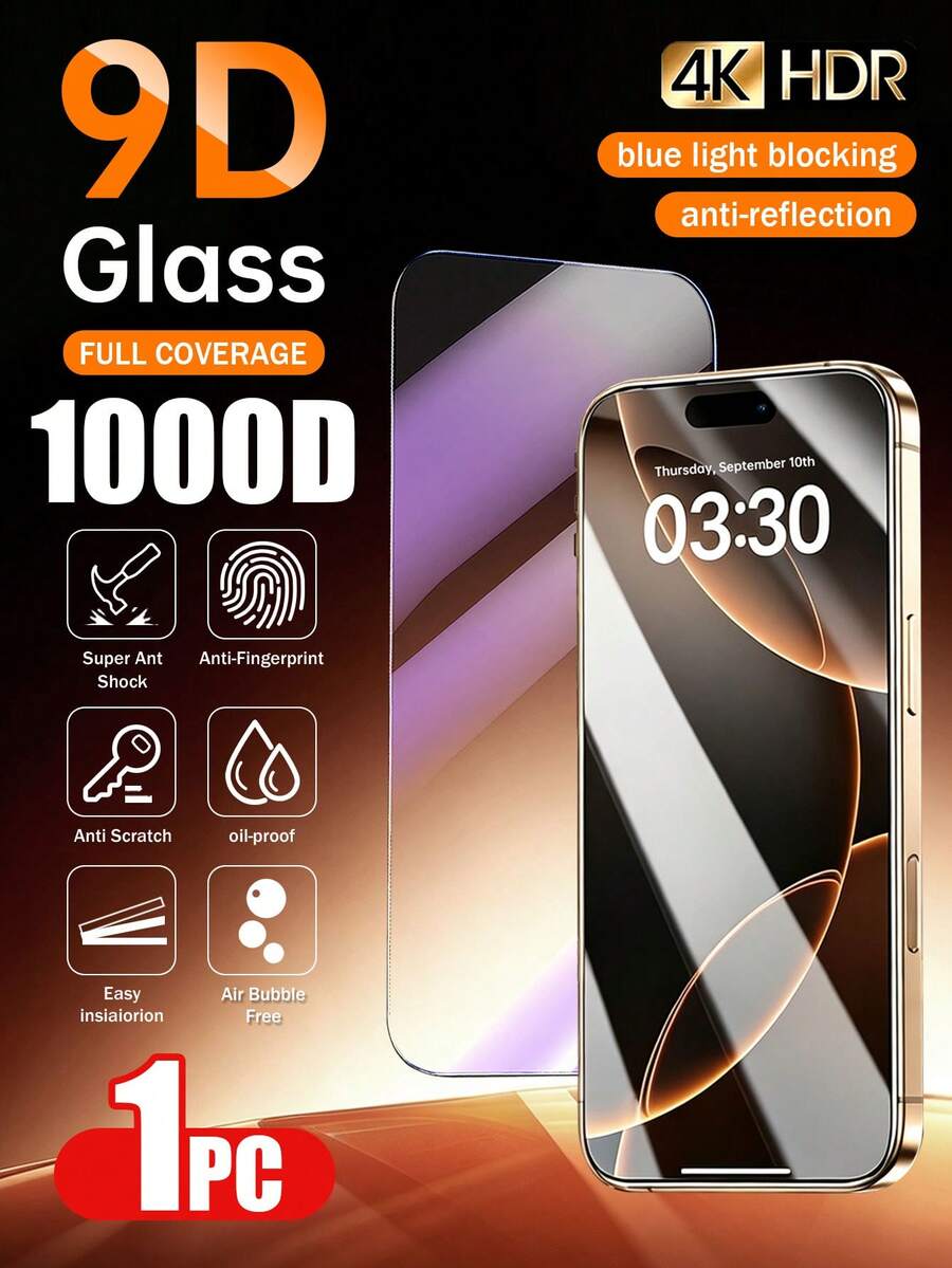1pc Tempered Glass Screen Protector Compatible With Iphone DUO 18 Pro Max 17 Pro Max, Anti-Blue Light, Compatible With IPhone 17 Pro/16/16 Plus/15 Pro/15/14/13/12/11/XR/XS, Full Coverage | Eye Protection | Anti-Fingerprint | Compatible With Phone Cases - Clear - View 1