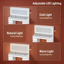 HaluPeit White Multi-Functional Vanity Table With High-Definition Mirror, Three-Color LED Fill Light, RGB Colored Light On The Tabletop, Transparent Glass, 11 Drawers, And Three-Tiered Shelving. - White - View 4