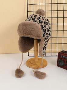 1pc Women's Leopard Print Jacquard Pom Pom Decor Folded Cuff Thickened Knitted Hat, Warm Ear Protection For Autumn/Winter Outdoor - Leopard Print Jacquard Pom Pom - View 11