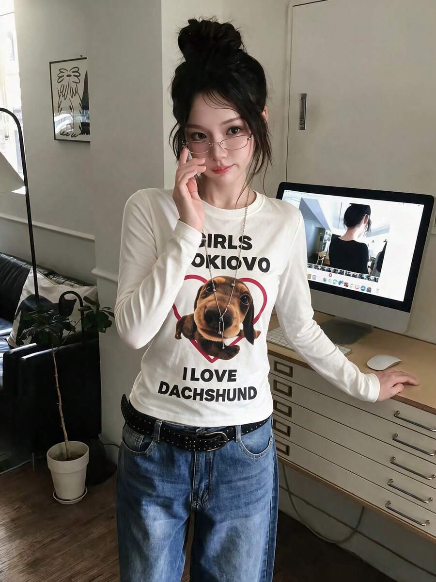 Dachshund Print Regular Shoulder Versatile Casual Short T-Shirt Long Sleeve Loose Fit Slimming Top - White - View 1