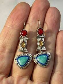 2pcs Women's Earrings, Silver Metal, Geometric Water Drop Pendant, Vintage Style Delicate Ear Jewelry, Daily Commute Outfit, Holiday Gift - Multicolor - View 3