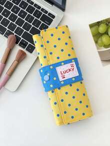 1pc Retro Style Fabric Polka Dot Roll-Up Makeup Brush Bag, Snap Button Strap & Label Decor, Multi-Slit Pockets & Zipper Compartment, Portable Cosmetic Storage Pouch, Travel Makeup Organizer For Vacation, Daily Trip, Bathroom & Vanity Table Use - View 11
