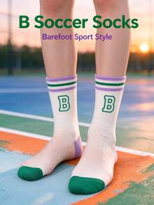 1/5 Pairs Letter B Graphic Striped Cuff Crew Socks, Color Block Toe & Heel, Soft Cotton Preppy Sporty Mid-Calf Socks For Women Daily Wear - Multicolor - View 5