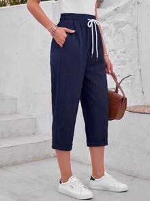 Jisfaneya Women's Plus Size Casual Solid Color Capri Length Pants, Elastic Waistband Drawstring Pocket Design Summer - Navy Blue - View 2