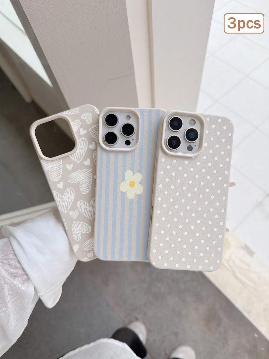3件裝波點愛心條紋元素 TPU 防摔全包覆精準保護手機殼,適用於 Apple 11/12/13/14/15/16/17 Pro Max - 彩色 - 查看 1