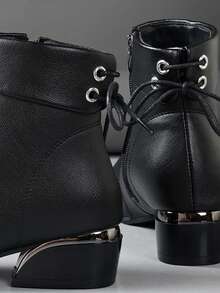 Fall/Winter Women Pointed Toe Bow Decor Ankle Boots, Metal Electroplating Shiny Thick Heel Black Metal Zipper Short Ankle Boots, Boots For Women - Black - View 7