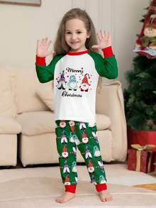 Children's Christmas Pajama 2 Pieces Set, Contrast Raglan Long Sleeve, Christmas Elf Cartoon Print Pajamas, Green All-Over Print Gnome Pants, Holiday Loungewear Set, Christmas Gift - Multicolor - View 1