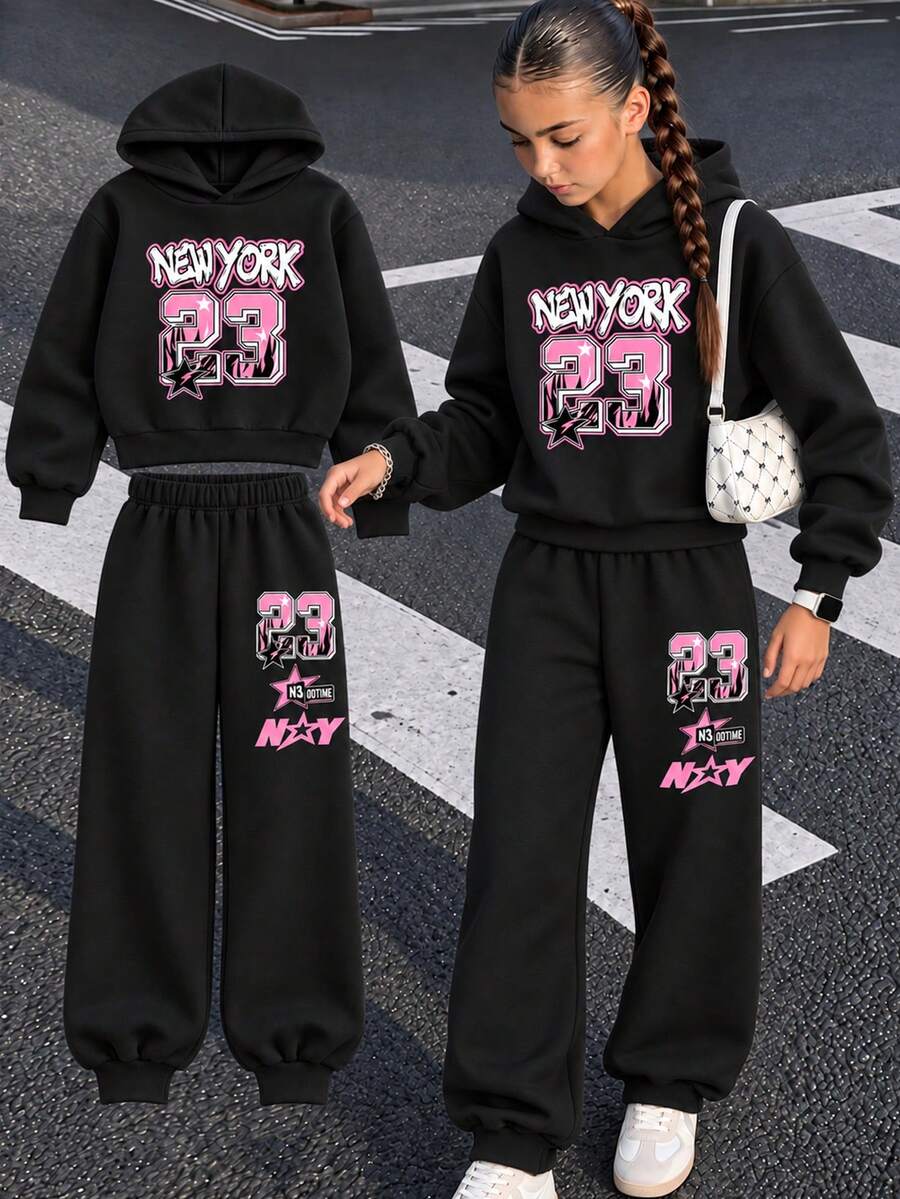 Girls 2pcs Set Warm Thick Thermal Lining Hooded Sweatshirt And Joggers, Student Children Clothing, Suitable For Children Autumn/Winter Long Sleeve Outfit - Black - View 1