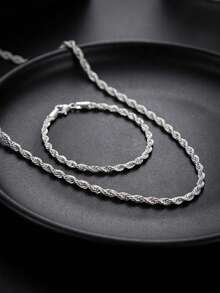 Twisted Rope Chain Necklace & Bracelet Set, Minimalist Jewelry For Everyday Wear - Multicolor - View 2