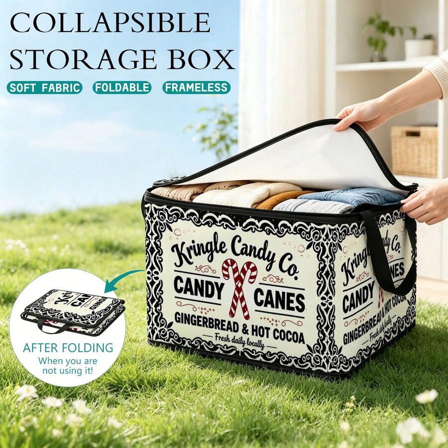 1pc 2D Foldable Zipper Storage Bag, Kringle Candy Co Pattern Print, Thickened Large Capacity Organizer With Reinforced Handle, Suitable For Clothing, Bedding, Cosmetics, Closet, Under Bed Storage, Car Trunk, Office Moving. - View 1