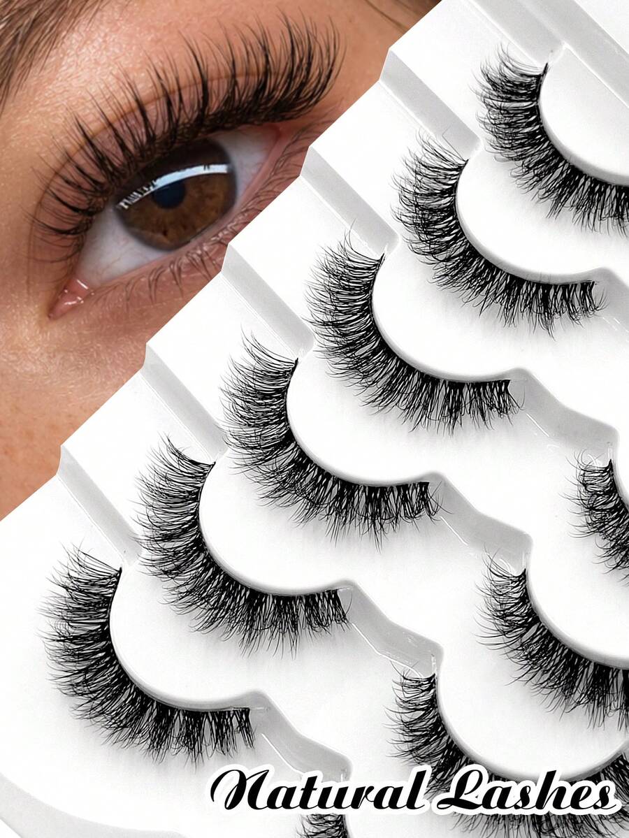 Sibeuna 6 Pairs Natural Lashes,Kitten Eye False Eyelashes,Cat Eye Lashes,Clear Band Faux Mink Lashes,Reusable,For Daily Style Eye Makeup,Beginner-Friendly,Full Strip Lashes - Black - View 1
