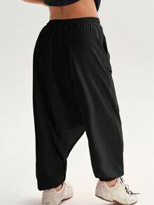 1pc Plus Size Women's Casual Sports Hip Hop Retro Multi-Pleated Crotch Tapered Harem Sweatpants - Black - View 2