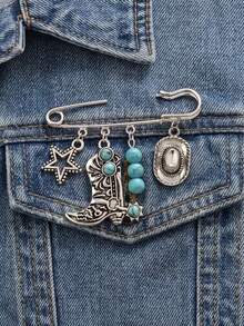 1pc Vintage Western Cowboy Style Denim Hat Decoration, With Five-Pointed Star Faux Turquoise Pendant Brooch, Suitable As Denim Jacket Accessory Pin, Unisex, Fashionable And Versatile, Holiday Gift - Multicolor - View 2