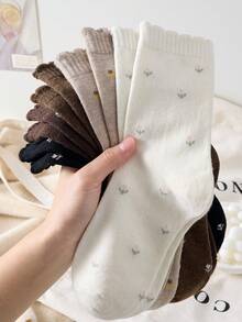 5 Pairs Thick Floral Pattern Coffee Brown Mid-Calf Socks, Elegant Soft And Comfortable, Suitable For Autumn/Winter - Multicolor - View 3