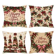 shangxia 4PCS--American Country Christmas Cushion Covers, Pink Plaid Ribbon Pine Branch Berry Print Pillowcases Living Room Holiday Decor--(Pillow Insert Not Included)---(Multiple Sizes)---(No Embroidery)---(Single-Sided Print) - Multicolor - View 11