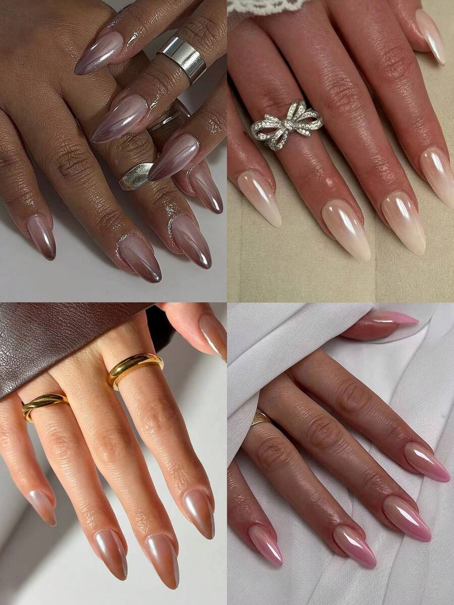 96pcs Almond Shaped Nails, Milk Tea Nude Pink Glossy Fake Nails, Autumn Full Coverage Reusable, With Storage Box, Includes 1pc Jelly Glue And 1pc Nail File, Suitable For Women And Girls Daily Wear And DIY Use - Multicolor - View 1
