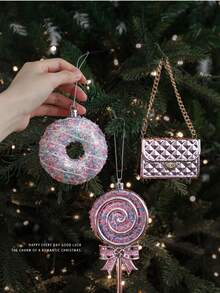 Christmas Tree Hanging Decorations, Pink Cute Plastic Ornaments, Snowflake Shell Unicorn Ice Cream Shapes, 3D Christmas Tree Window Decor - Multicolor - View 10