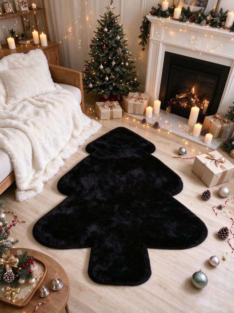 1pc Faux Rabbit Fur Christmas Tree Shaped Rug, Soft Fluffy Machine Washable Carpet, Suitable For Bedroom, Bathroom, Entryway, Living Room, Hallway, Kitchen, Christmas Home Decor Rug, Holiday Decoration And Gift Rug, Seasonal Decorative Mat With Holiday Design, Christmas Decor, Perfect Christmas Gift, Perfect For Christmas And New Year Celebrations - Multicolor - View 1