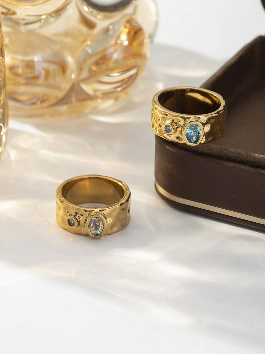 1pc Exquisite Charming Cubic Zirconia Gold Thick Ring, Suitable For Women's Daily Wear, Dating, Party, Banquet, Gift. - Gold - View 1