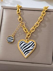 1pc Fashion Zebra Print Heart Pendant Bracelet, Gold Thick Chain With Adjustable Extension Chain, Unique Niche Jewelry Accessory - Black and White - View 2