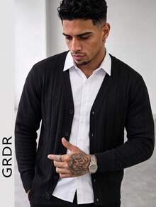 Men's Autumn/Winter Striped Slim Fit Regular Shoulder Cardigan Long Sleeve Sweater - Black - View 6