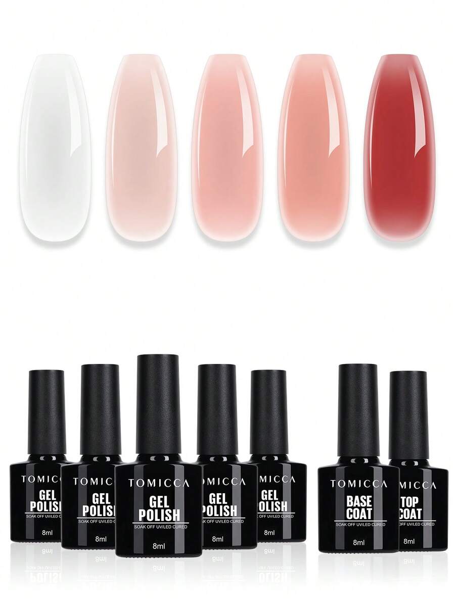 TOMICCA 7Pcs 8ML Gel Nail Polish Set, Sheer White, Light Nude, Peach ...