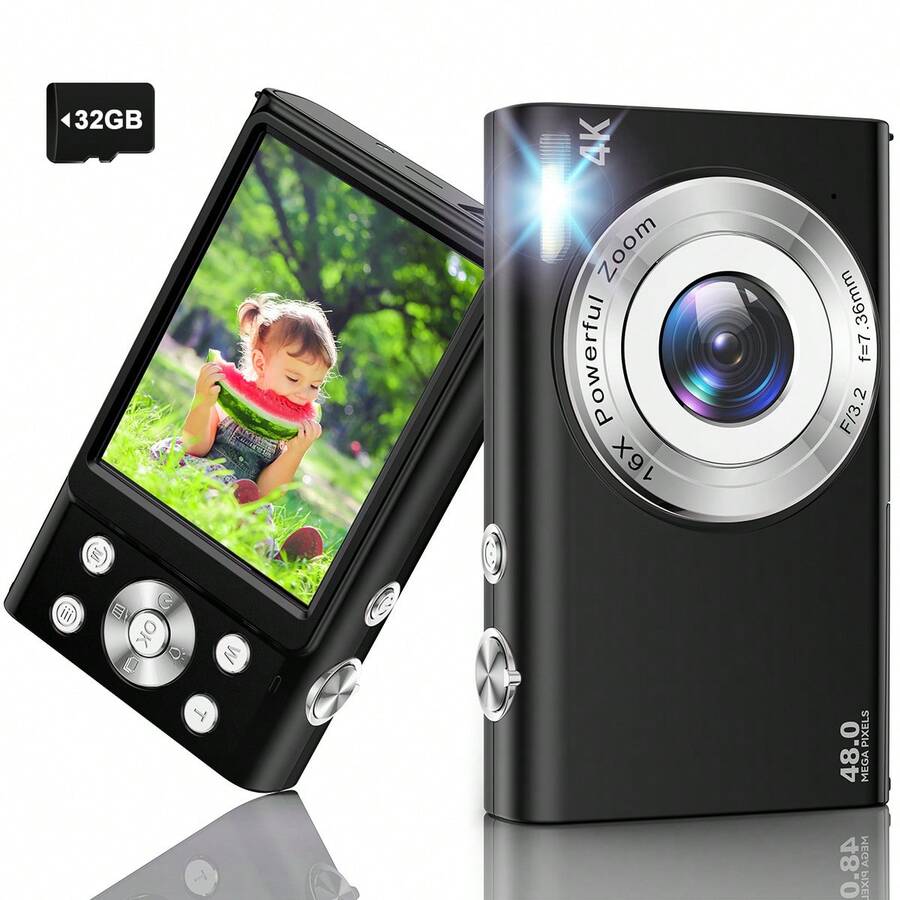 Nicamery 4K Full HD Vlogging Camera 48MP Digital Camera Autofocus 16x Zoom Portable Photography Camera High Definition Video Recording Student Entry Level Home Travel Vlog Camera Anti-Shake With 32GB Memory Card And 2 Batteries - Black - View 1