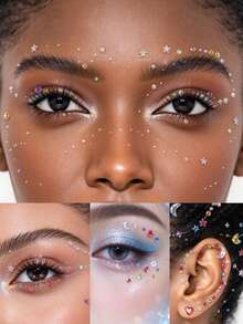1pc/2pcs, ABS Plastic Face Decoration Sticker Set With Tweezers, Colorful Rhinestone White Rhinestone Rainbow Moon White Moon, Christmas Party Photo Shoot New Year's Eve Music Festival Concert Face Makeup Stickers - Multicolor - View 10