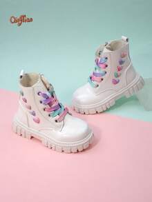 Girls' Thick Sole Non-Slip Wear-Resistant High-Top Boots With Side Zipper For Easy On/Off, Colorful Gradient Shoelaces, Heart Embroidery Pattern, Shiny PU Material, Sweet And Energetic Style, Suitable For Spring/Autumn Daily Outings And Campus Wear - White - View 2