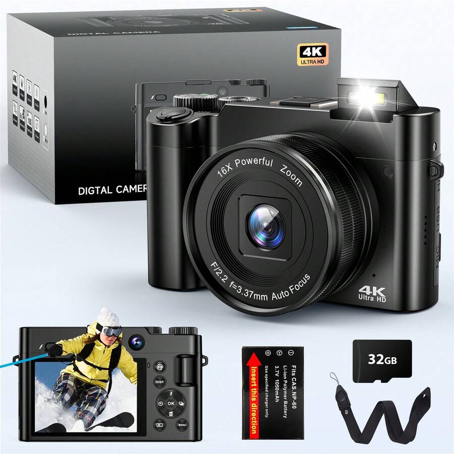 SONGDIAN DC218 數位相機 4K Ultra HD 64MP Vlog 相機，附 32GB SD 卡、1050mAh 電池、16 倍光學變焦、2.8 吋螢幕、自動對焦、LED 閃光燈、即拍即印攝影相機，適合成人，輕巧便攜，旅行 Vlog 完美禮物