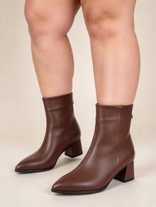Wide Fit Plus Size Elegant Solid Color Pointed Toe Ankle Boots And Ankle Boots With Chunky Heel And Back Zipper, Fashion High Heel Casual Boots For Women, Suitable For Office And Professional Wear - Brown - View 2