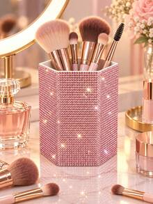 Luxury Rhinestone Makeup Brush Holder Pen Storage Box, Hexagonal Rhinestone Desktop Creative Storage Box, Sparkling Makeup Tool Storage Box, Large Capacity Multi-Functional Storage Cylinder, Fashionable Desktop Storage, Can Store Lipstick, Eyebrow Pencil, Nail Art Tools, Makeup Brushes, Stationery Pencils And Various Makeup Tools, Suitable For Bedroom Vanity, Bathroom, Makeup Room Desktop, Office And Dormitory Decoration, Home Decor Item - Multicolor - View 2