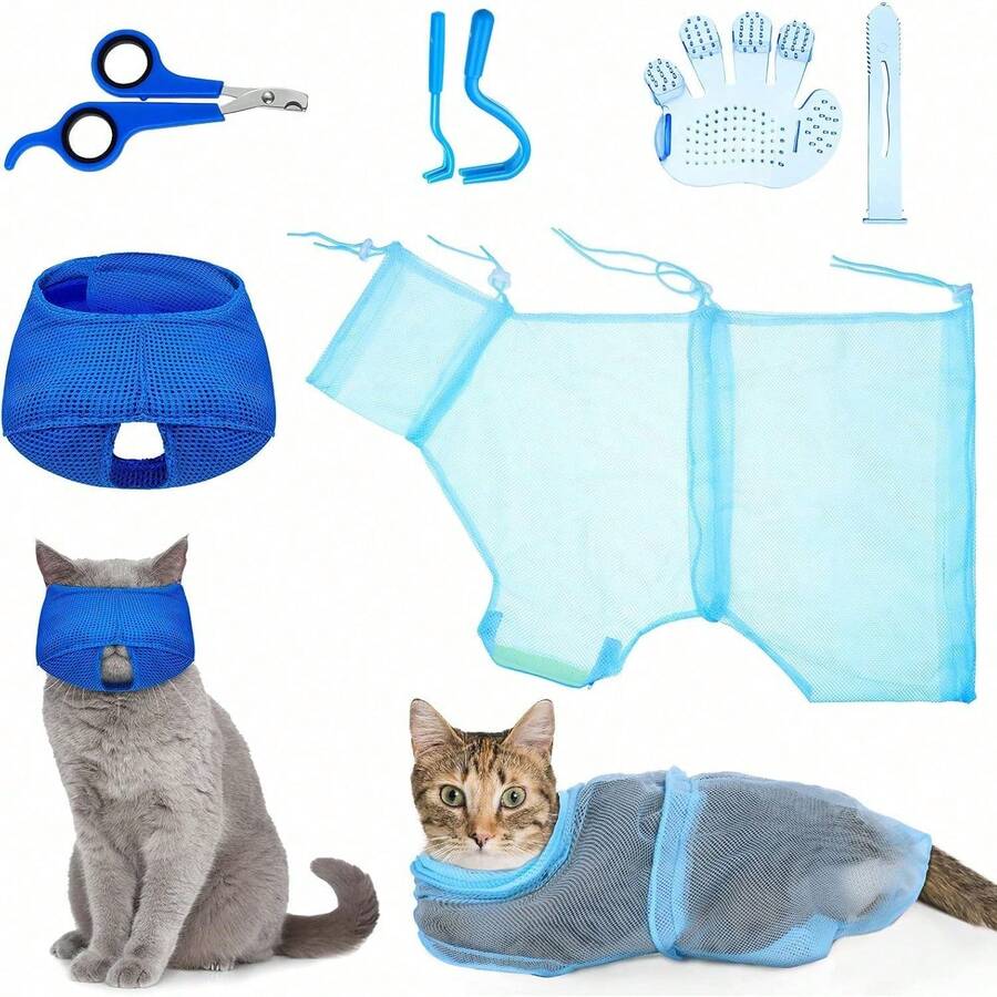 Pet Grooming & Cleaning Kit With Cat Muzzle, Grooming Tools, Cat Bathing Bag And Pet Nail Clipper - Multicolor - View 1