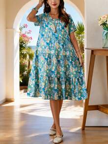 FANMUER Women's Casual Boho A-Line Short Sleeve Round Neck Knee-Length Dress With Ruffle Hem, Soft Woven Fabric Sundress - Mint Blue - View 4