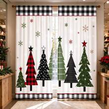 2Pcs Christmas Plaid Tree Curtains, Rod Pocket Design, 2D Flat Print Buffalo Plaid Christmas Tree Snowflake Pattern, Light Filtering Drapes, Xmas Holiday Window Decor For Living Room Bedroom - Multicolor - View 9