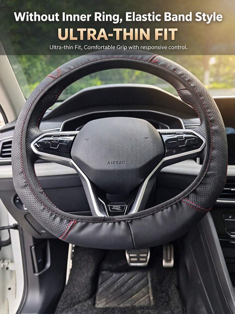 Fashionable Minimalist Perforated Leather Car Steering Wheel Cover, Carbon Fiber Textured Leather, No Inner Ring Elastic Design, Universal All-Season Anti-Slip Steering Wheel Protector - Multicolor - View 1