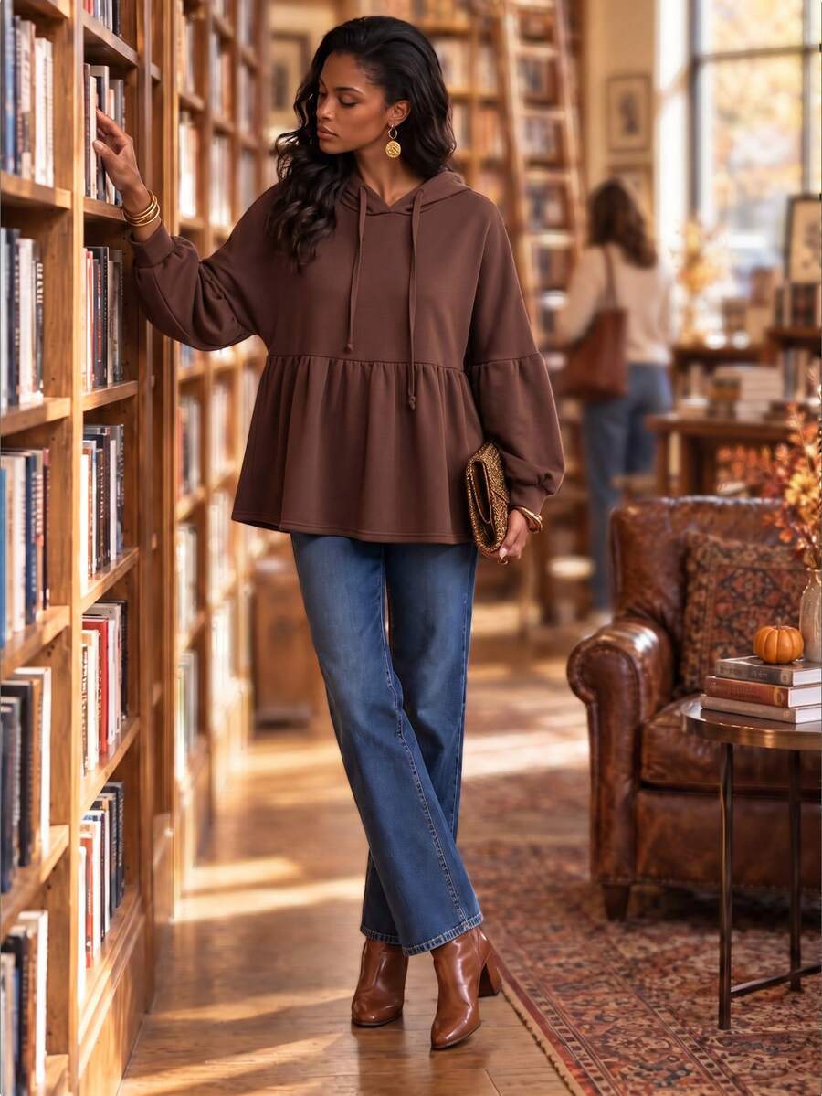Women's Oversized Hooded Sweatshirt Casual Ruched Layered Ruffle Hem Lantern Long Sleeve Drawstring Ruffle Hem Loose Pullover - Brown - View 1