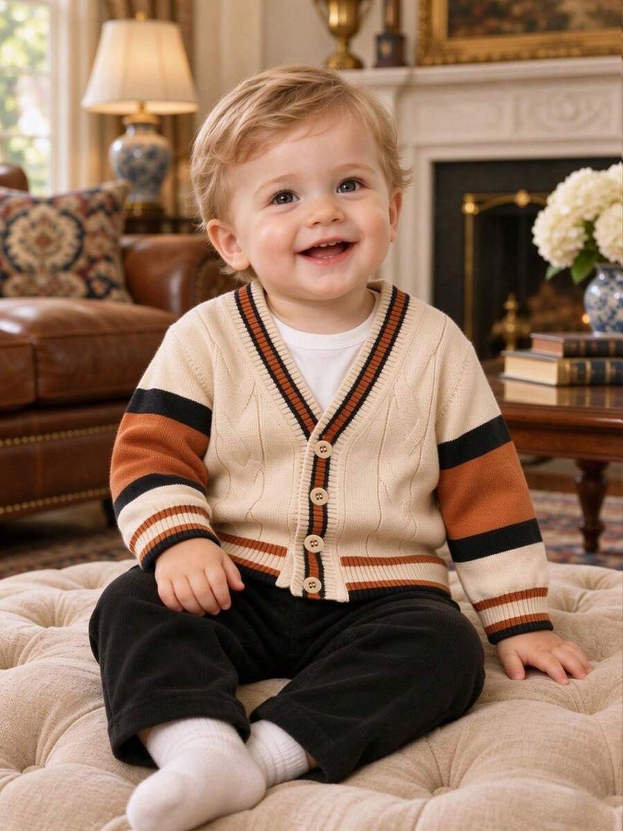 BOARNSEORL Baby Boys Khaki Color Contrast Striped Front Button Cardigan, Fashionable And Versatile, Suitable For Outings, School And Travel - Khaki - View 1