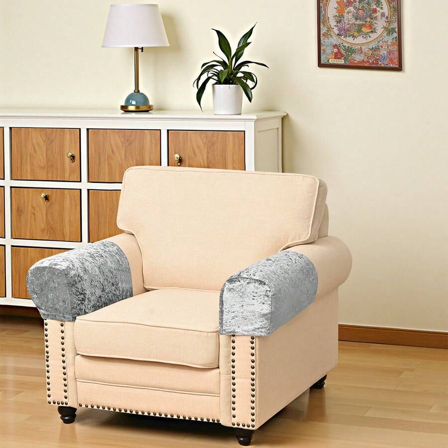 Set 2 Buah Sarung Sofa Elastis Beludru Motif Berlian Warna Polos, Penutup Pelindung Furnitur Anti Selip Cocok untuk Ruang Tamu, Dapat Dicuci dengan Mesin - Light Grey - View 1